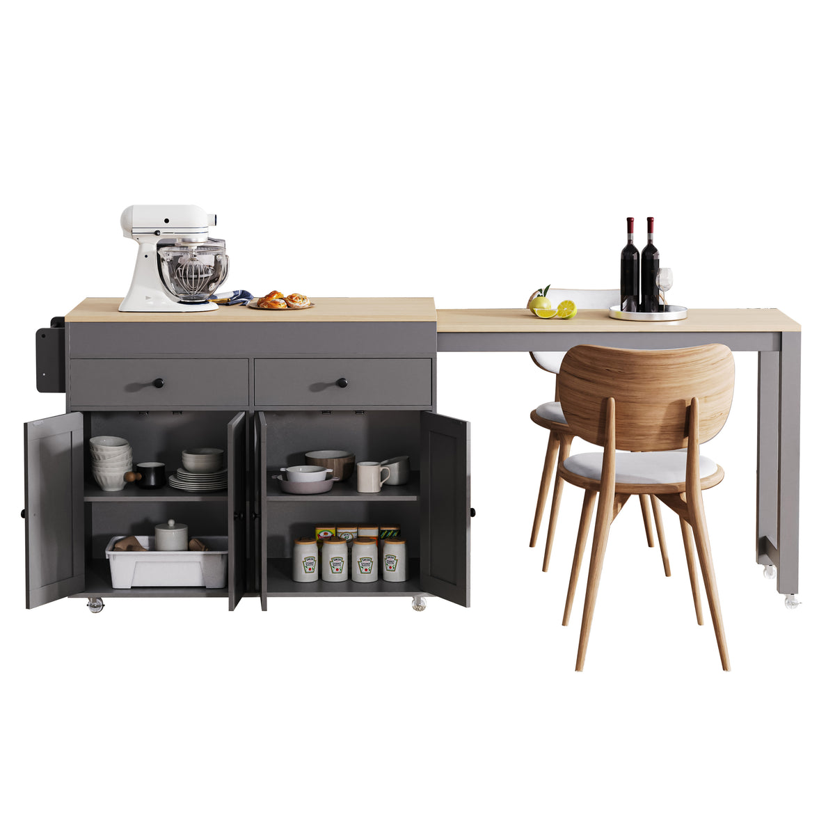 variant-group:rf-n707p333291g|Roomfitters 74.8" Rolling Kitchen Island with Extendable Dining Table, Mobile Cart with 4 Doors, 2 Drawers & Spice Rack, Grey