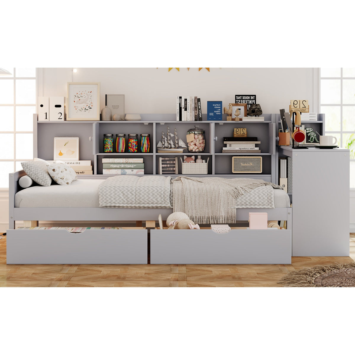 Roomfitters Wooden L-Shape Daybed with Storage Cabinets, Study Desk, Built-In Bookshelf, Space-Saving Platform Bed, Gray