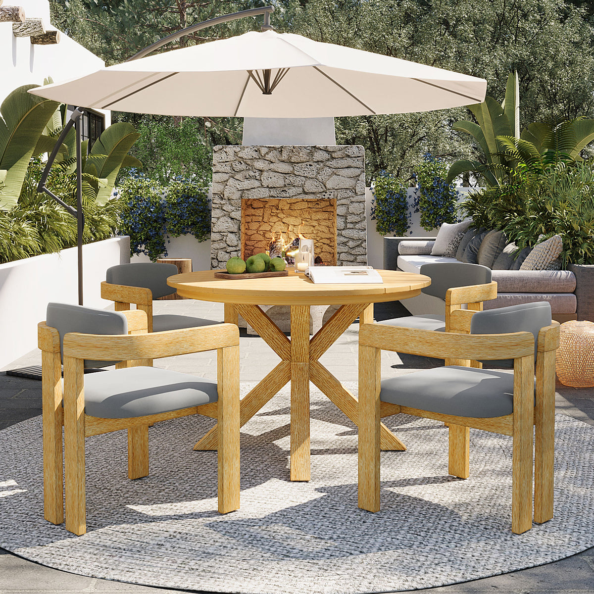variant-group:rf-n704g201258l|Roomfitters 5-Piece Outdoor Acacia Wood Round Dining Set with Ergonomic Barrel Armchairs Gray Cushions