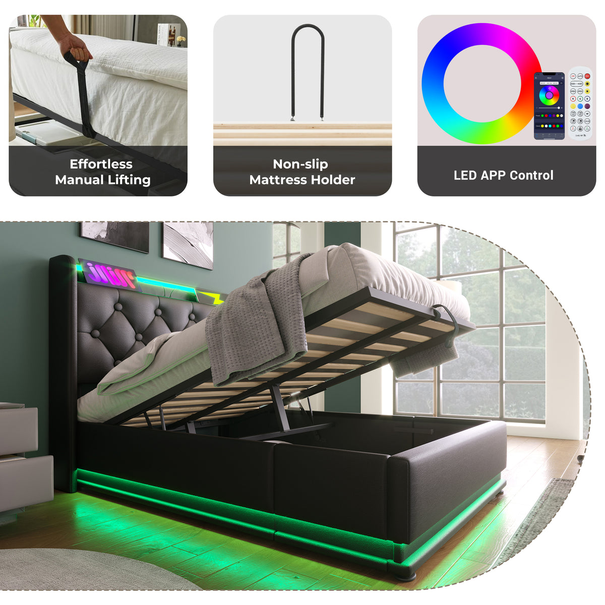 variant-group:rf-n736p188805b|Roomfitters Twin Size Upholstered Storage Bed with USB Type-C Charging and Remote Control, Faux Leather Black
