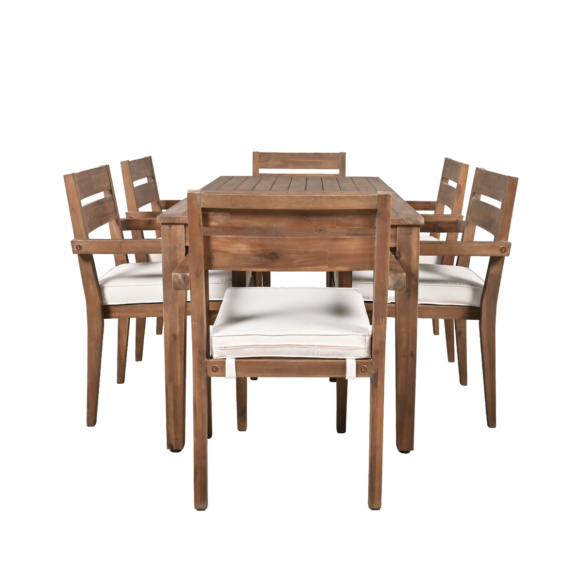 variant-group:rf-n711wy000459aad|Roomfitters 7-Piece Acacia Wood Outdoor Dining Set with Cushions, 6 Armchairs and Rectangular Table for Patio Garden, Burly Wood