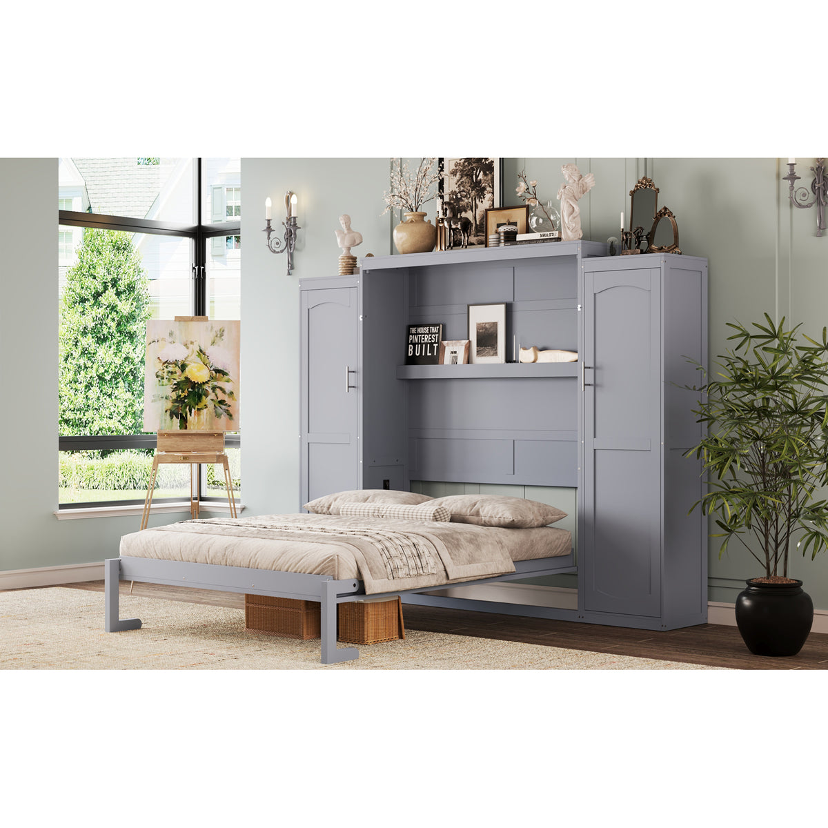 variant-group:rf-n733s235596e|Roomfitters Full Murphy Wall Bed with Two Wardrobes and Storage Shelf, Foldable Platform Bed Frame for Guest Room, Gray