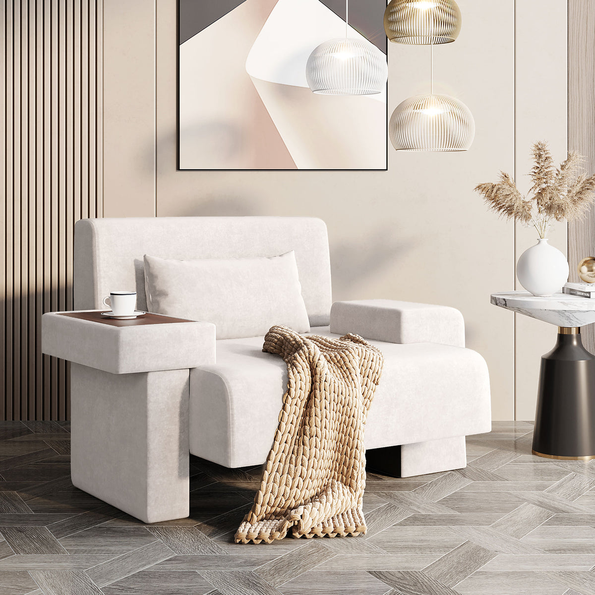 variant-group:rf-n724sj000130aaa|Roomfitters Oversized Mid-Century Armchair 48” Wide with Soft Cushion and Wood Frame, Lounge Reading Chair, Beige