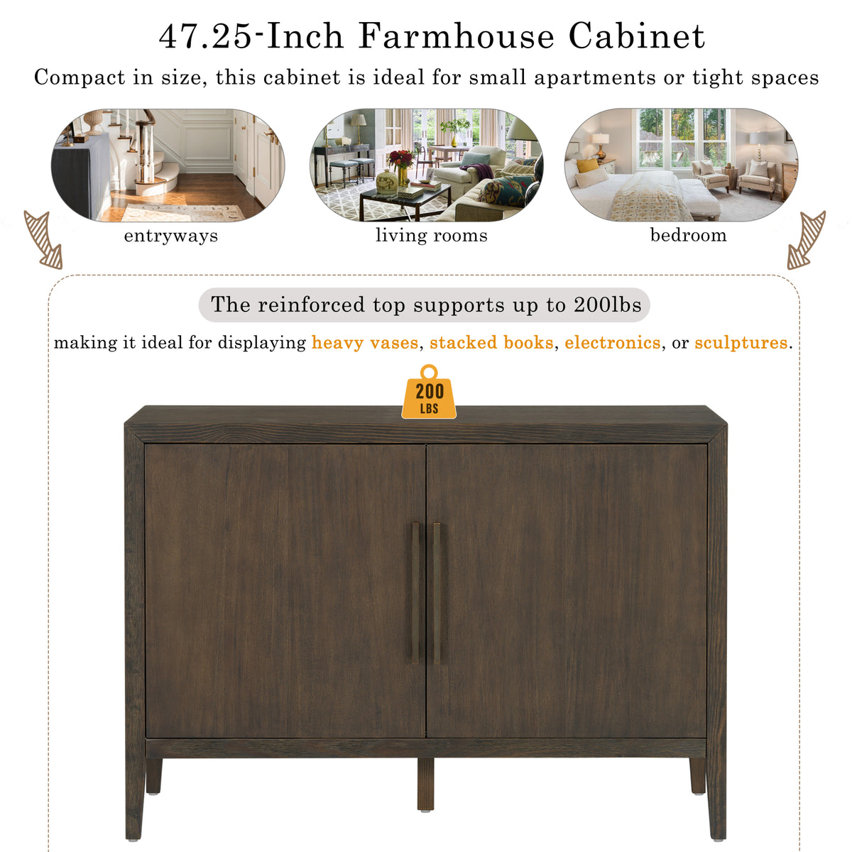 variant-group:rf-n711p410389b|Roomfitters 47.25-Inch Farmhouse Sideboard, 2-Door Buffet Cabinet, Dark Brown Wooden Storage Console, Metal Handles