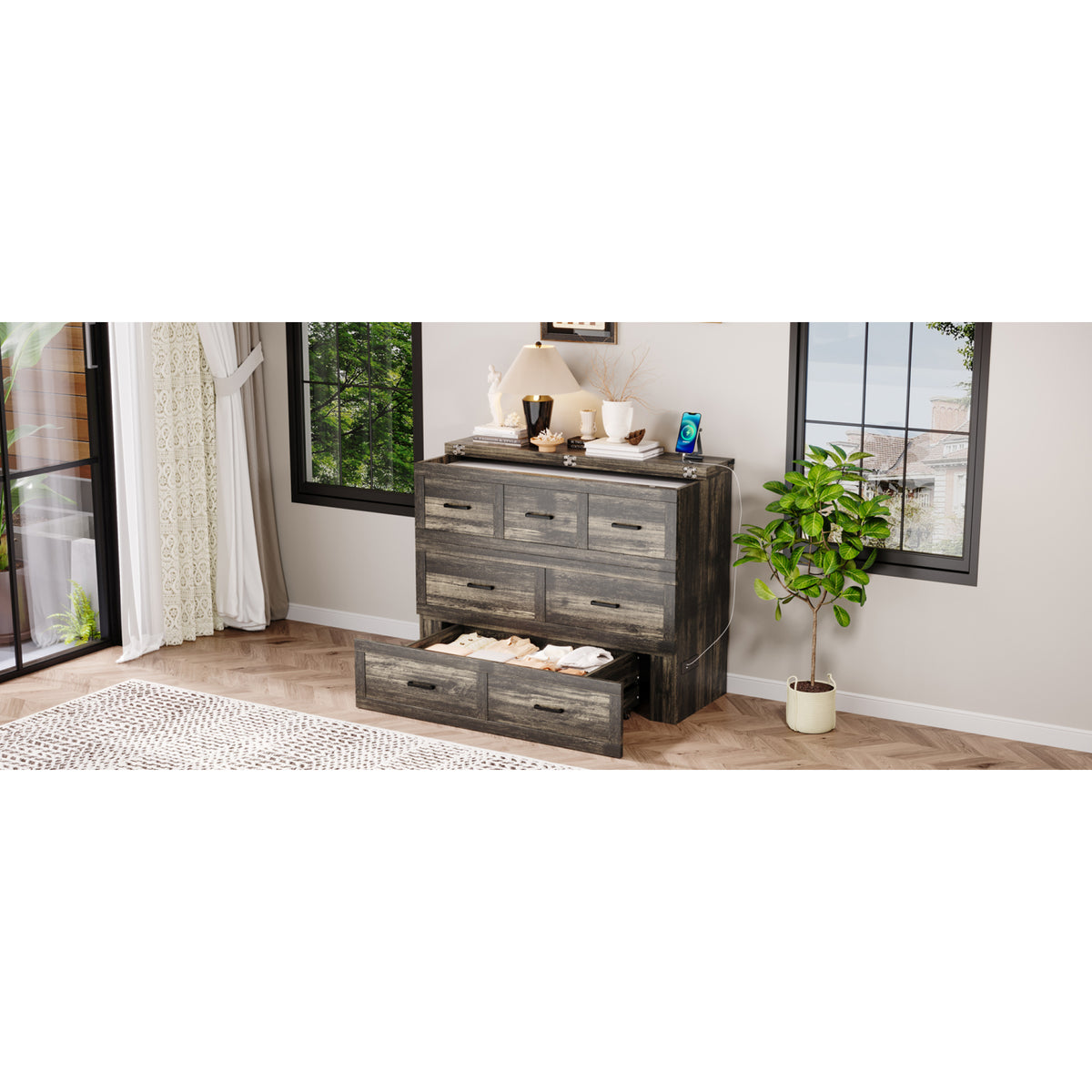 variant-group:rf-n733s293995g|Roomfitters Full Size Murphy Bed Cabinet with Charging Station, Foldable Platform Bed with Storage Drawer, Rustic Gray
