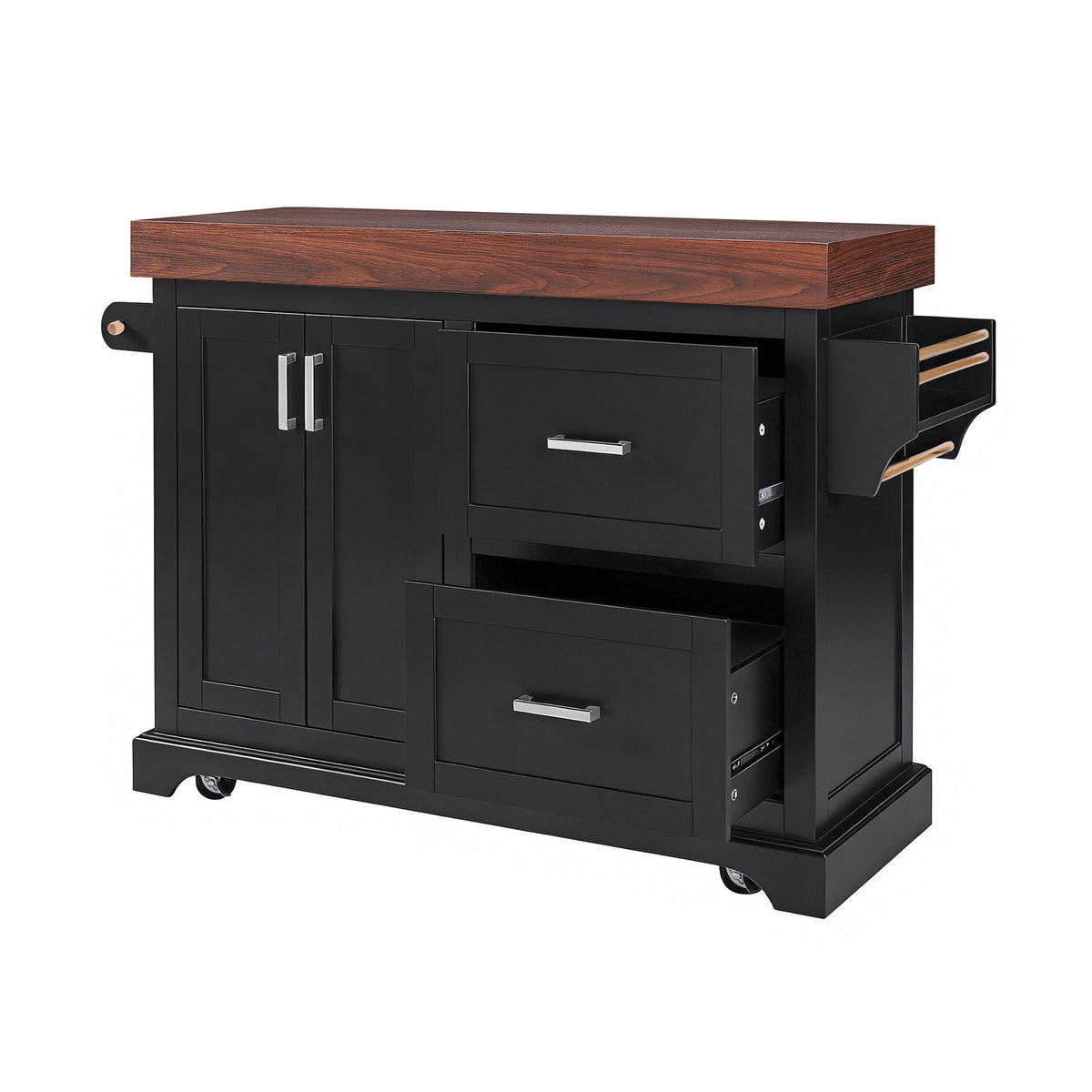 variant-group:rf-n707s000025b|Roomfitters 53" Kitchen Island with Butcher Block Top, Storage Cabinet with Drawers, Spice Rack and Towel Holder, Black