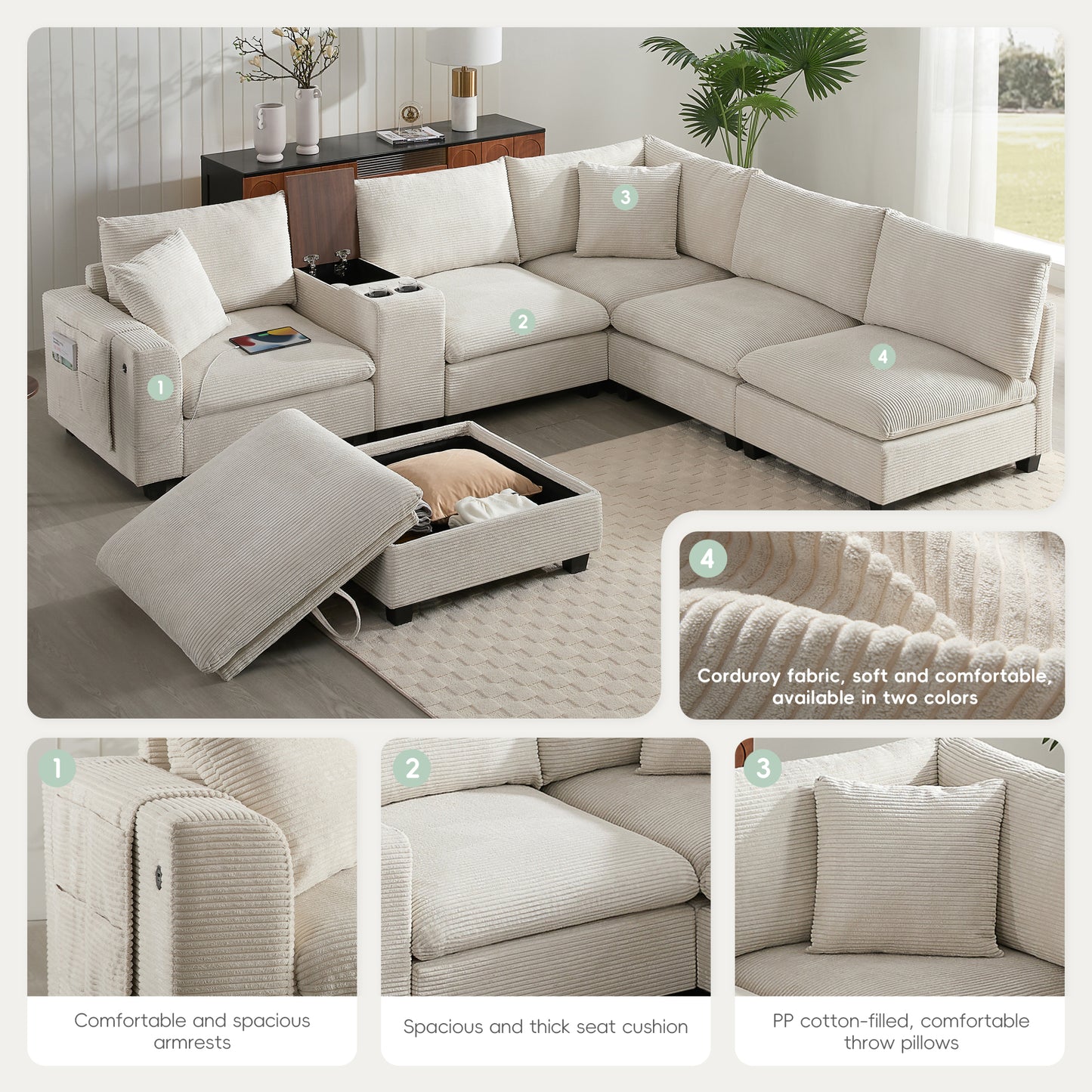 variant-group:rf-n723s1166a|Roomfitters 139 Inch U-Shaped Modular Sectional Sofa with Storage Console, Cup Holders and USB Ports for Living Room, Beige