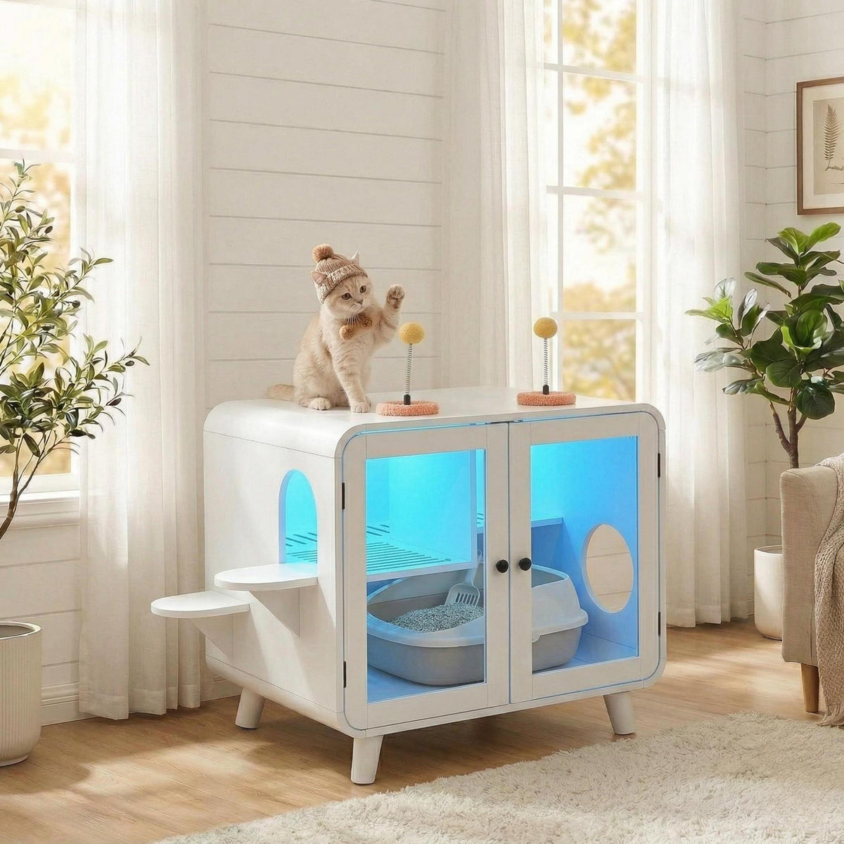 variant-group:rf-n704p419240k|Roomfitters Retro TV-Style Hidden Cat Litter Box Enclosure with App Controlled RGB LED Lights and Stairs White