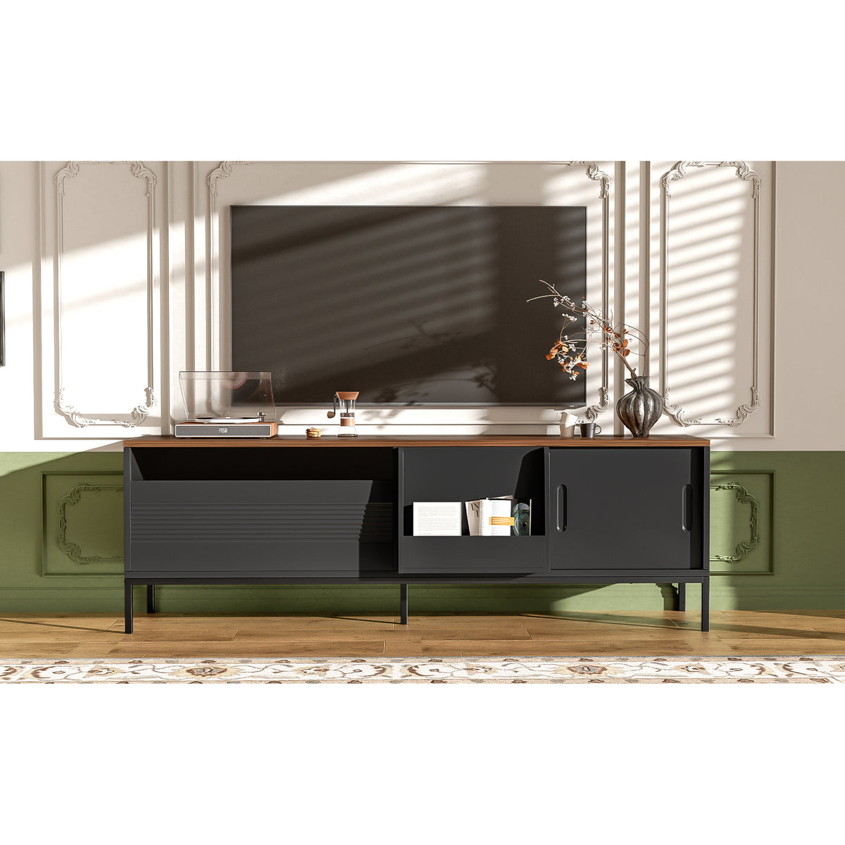 variant-group:rf-n724p360370b|Roomfitters Mid-Century Modern 70" TV Stand Console with Sliding Doors, Black