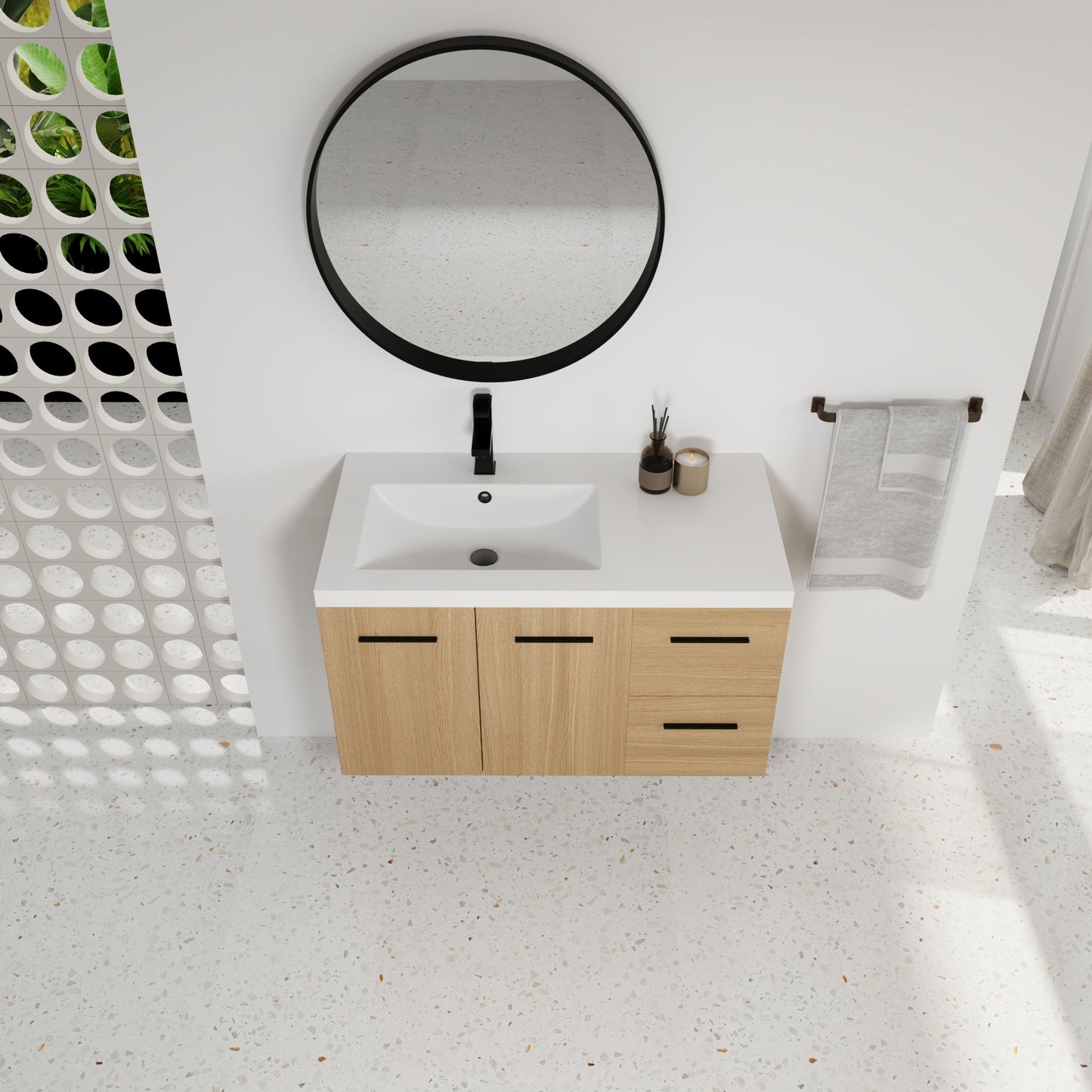 36" Wall-Mounted Floating Bathroom Vanity with Sink, Light Oak, 2-Door & 2-Drawer Modular Cabinet, Gel Coat Sink Top, 3 Boxes Roomfitters