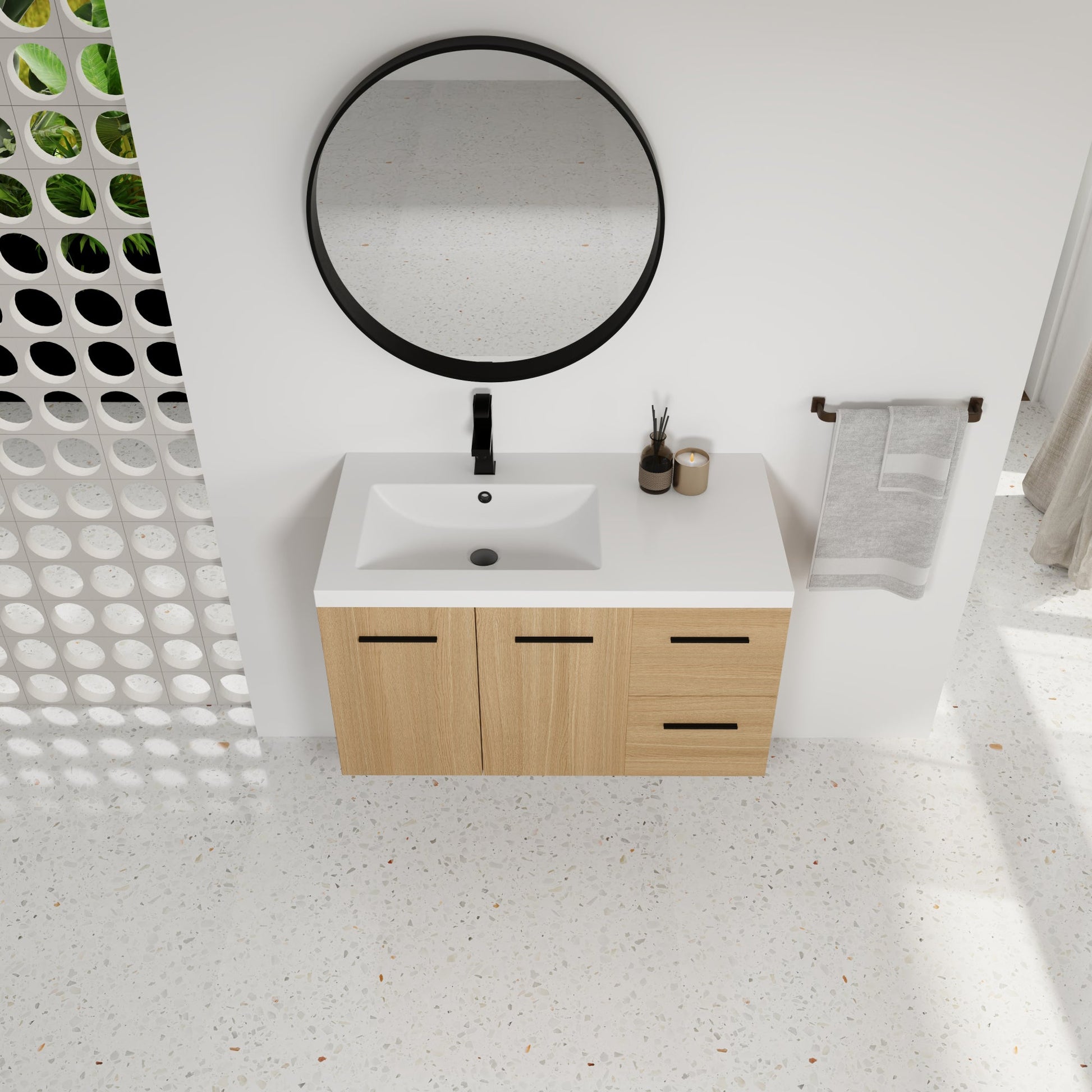 36" Wall-Mounted Floating Bathroom Vanity with Sink, Light Oak, 2-Door & 2-Drawer Modular Cabinet, Gel Coat Sink Top, 3 Boxes Roomfitters