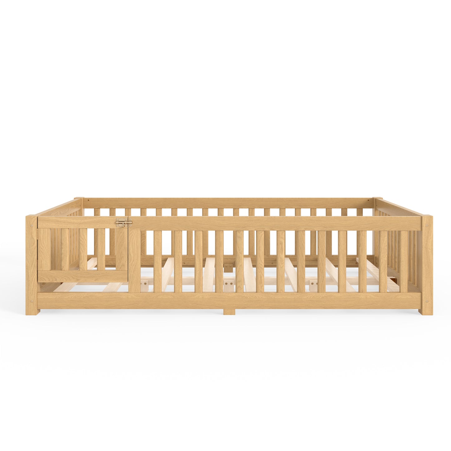 variant-group:rf-w1580p462323|Roomfitters Full Size Wooden Floor Bed Frame with Safety Guardrails Door, Solid Wood Low Profile Toddler Play Bed, Natural