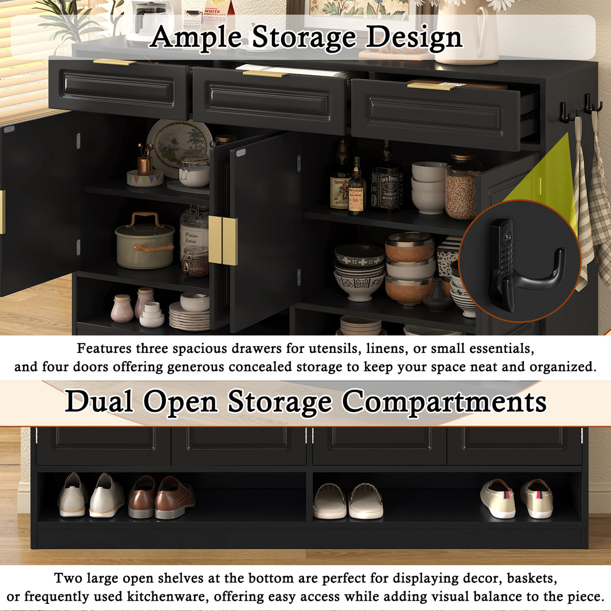 variant-group:rf-n711p345213b|Roomfitters 59.1" Farmhouse Sideboard Buffet Cabinet with 3 Drawers and 4 Doors, Kitchen Storage with Open Shelf, Black