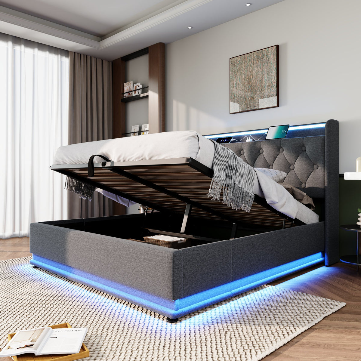 variant-group:rf-n736p188806g|Roomfitters Full Size Upholstered Storage Bed with USB Type-C Charging and Remote Control, Linen Gray