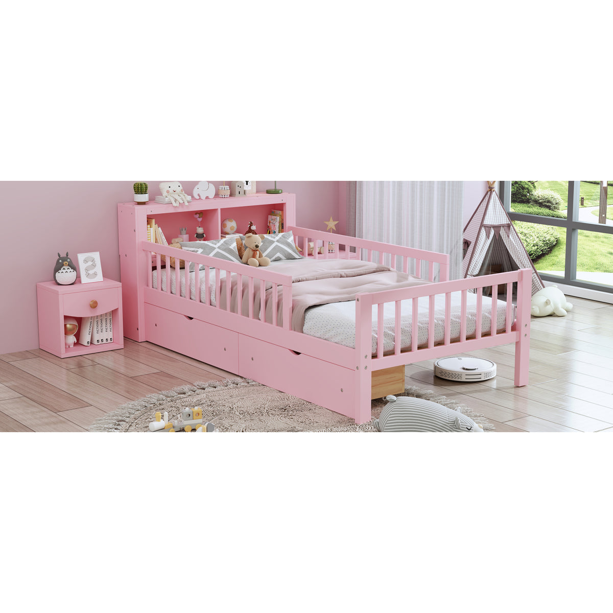 variant-group:rf-n733p272374h|Roomfitters Twin Bed with Headboard Storage Rack, Under-Bed Storage and Three-Side Guardrails, Pink