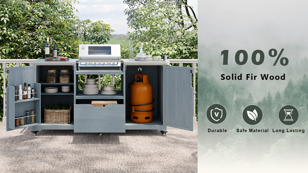 variant-group:rf-n707p250629g|Roomfitters 66.5" Outdoor Kitchen Island for Big Kamado Grills, Wood Grill Cart with Stainless Steel Top, Storage, Grey Blue