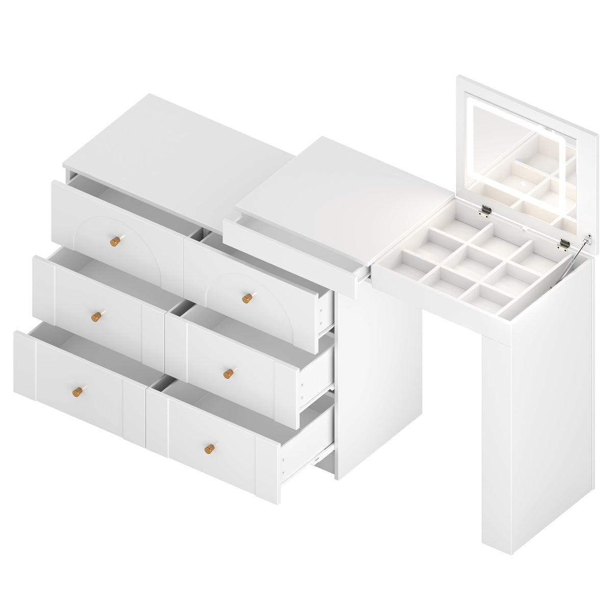 Roomfitters Vanity Desk with Mirror & Lights, Flip-Top Makeup Table with 7 Drawers, 9 Compartments, 3 Shelves, White
