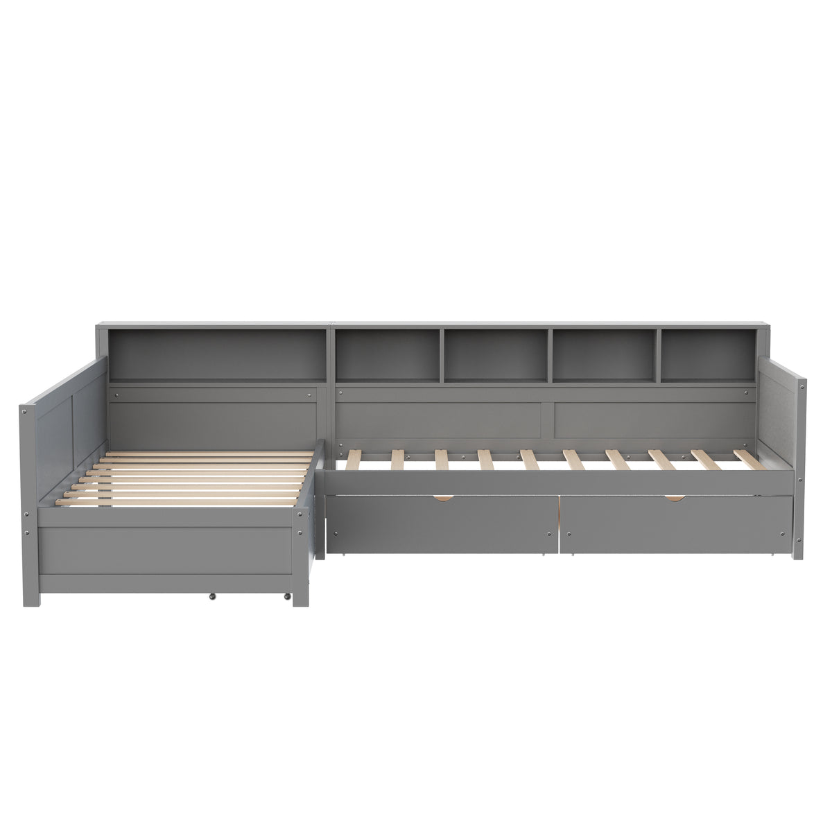variant-group:rf-n733s369272e|Roomfitters Twin L-Shaped Daybed for 2 with 3 Storage Drawers, Wooden Corner Bed Frame with Bookshelf for Bedroom, Gray