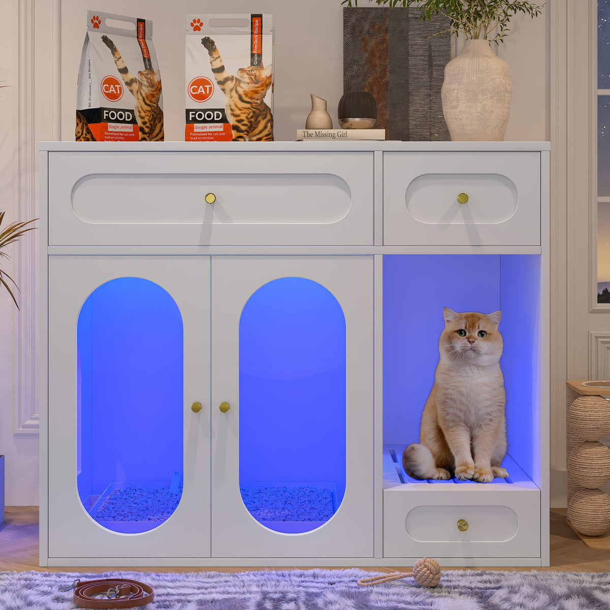 Roomfitters White Chic Sideboard Style Cat Litter Box Enclosure Cabinet with App Controlled LED Lighting Roomfitters