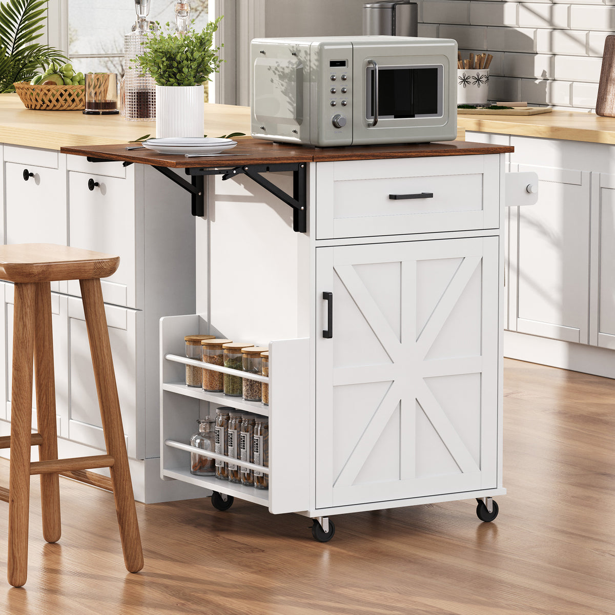 variant-group:rf-n707p404539w|Roomfitters 39.3" Kitchen Island with Drop Leaf, Rolling Kitchen Cart with Storage Drawer and Spice Rack, Modern Style, White