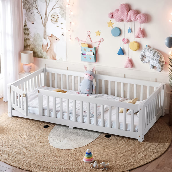 Roomfitters Twin/Full/Queen Size Wooden Floor Bed Frame with Safety Guardrails Door, Solid Wood Low Profile Toddler Play Bed