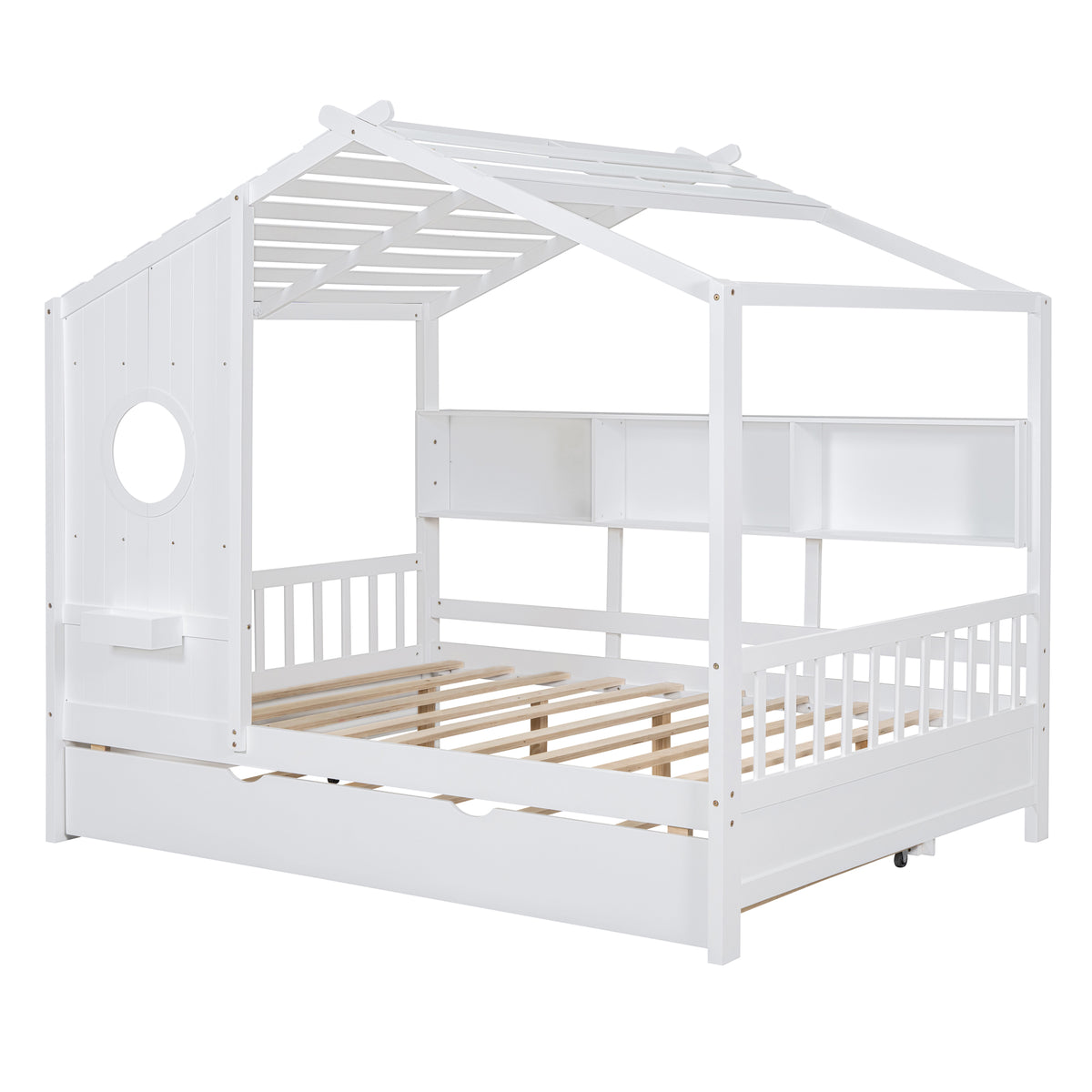 variant-group:rf-n733s316125k|Roomfitters Wooden Full Size House Bed with Trundle and Storage Shelf, White