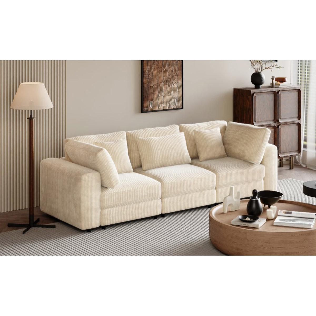 variant-group:rf-n711wy000403aaa|Roomfitters 105'' 3-Seater Sofa with Removable Back Cushions and 5 Pillows for Living Room, Apartment, Spacious Space, Beige