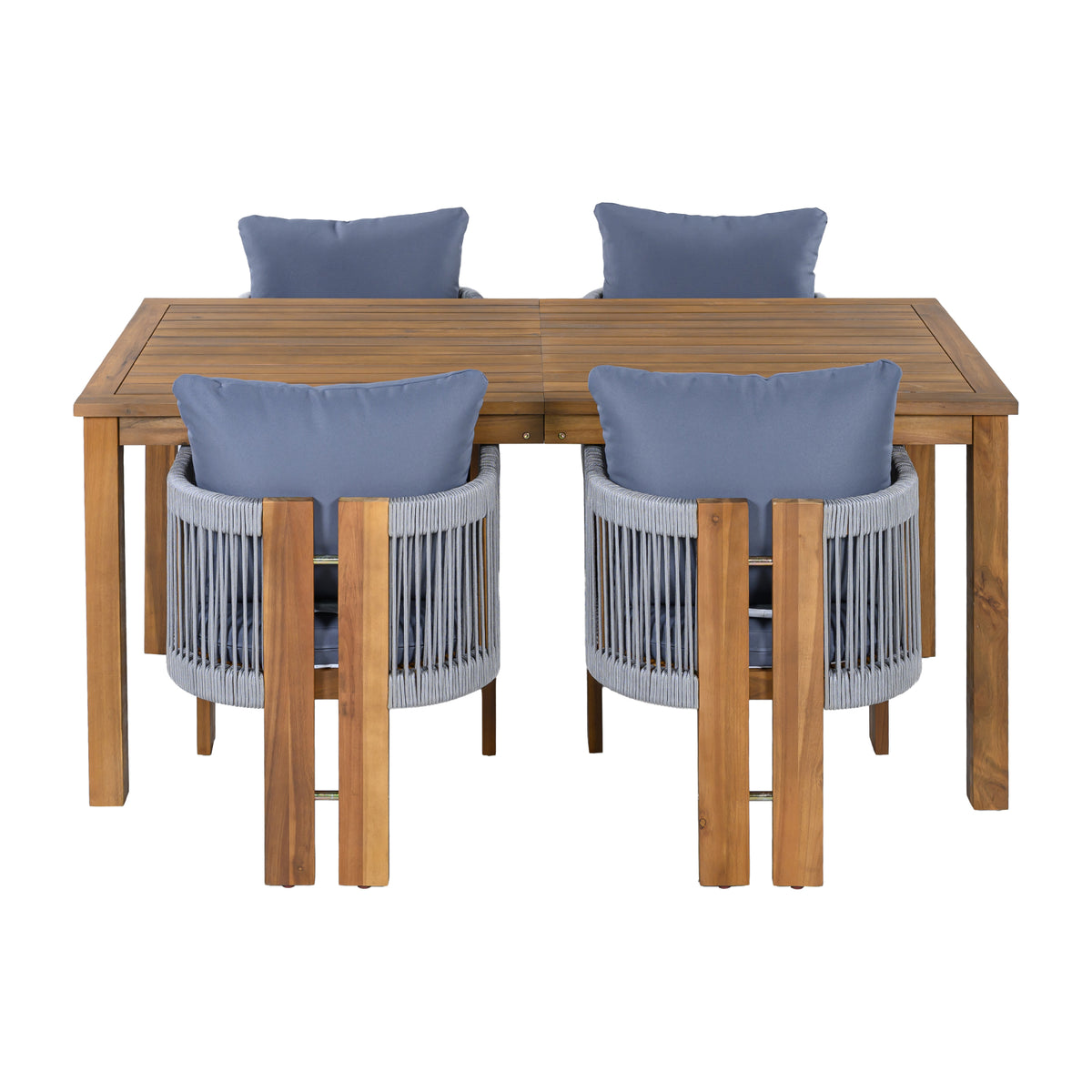 variant-group:rf-n711wy000496aae|Roomfitters 5-Piece Rope Woven Outdoor Dining Set, Farmhouse Solid Acacia Table, 4 Chairs Pack, Brown and Grey