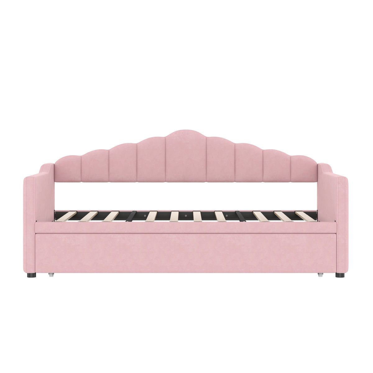 Roomfitters Upholstered Twin Size Daybed with Adjustable Pop-Up Trundle, Sofa Bed with USB & Type-C Ports and Side Pockets, Pink