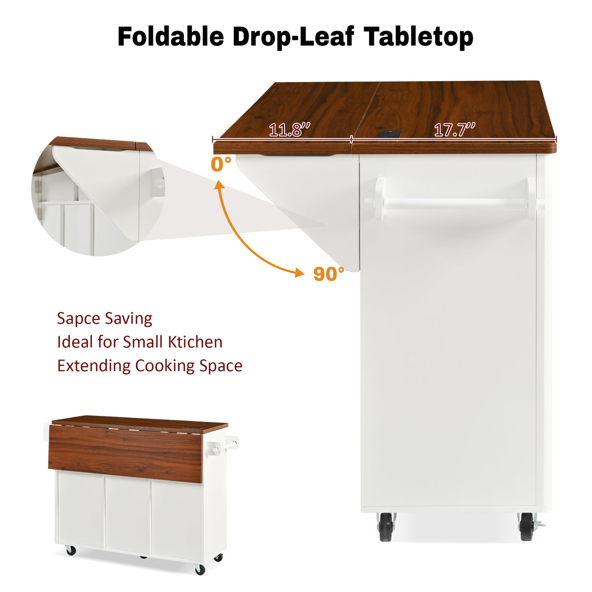 variant-group:rf-n707s000019w|Roomfitters 52" Fluted Kitchen Island with Drop Leaf, Power Outlet & Walnut Wood-Grain Top, White