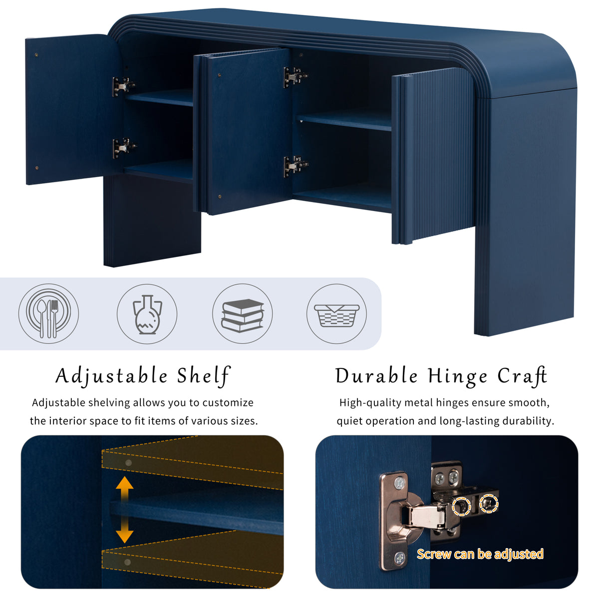 variant-group:rf-n711p415846v|Roomfitters Modern Rustic Navy Blue Curved Wave Pattern Console Table with Adjustable Storage Shelf and Elegant Wooden Handles