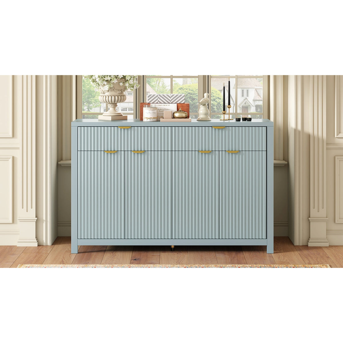Roomfitters Sideboard Buffet Cabinet with 2 Drawers, 4 Door Mid-century Modern Fluted Storage for Kitchen & Dining Room, Cyan Roomfitters