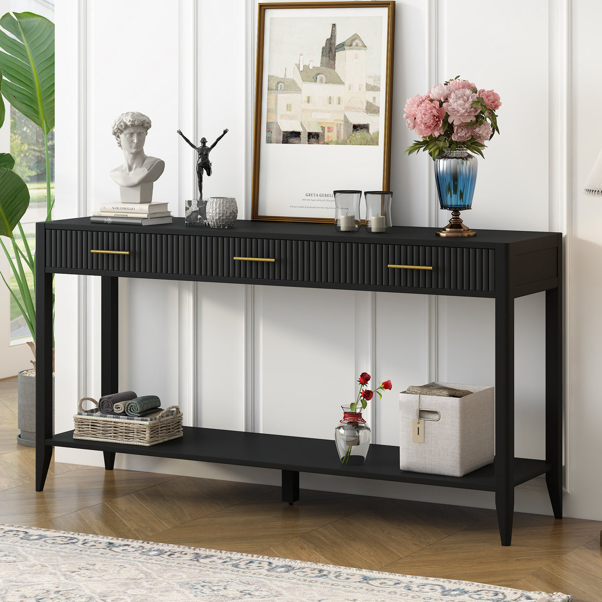 variant-group:rf-n711p190531b|Roomfitters Entryway Console Table with Vertical Stripe Pattern and Long Legs, Storage for Hallway, Black