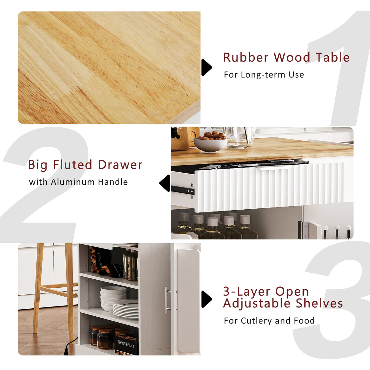 variant-group:rf-n707p221571w|Roomfitters Fluted Kitchen Island with Trash Can Cabinet, Power Outlet, Storage Rack, Rolling Cart with Open Side Racks, White
