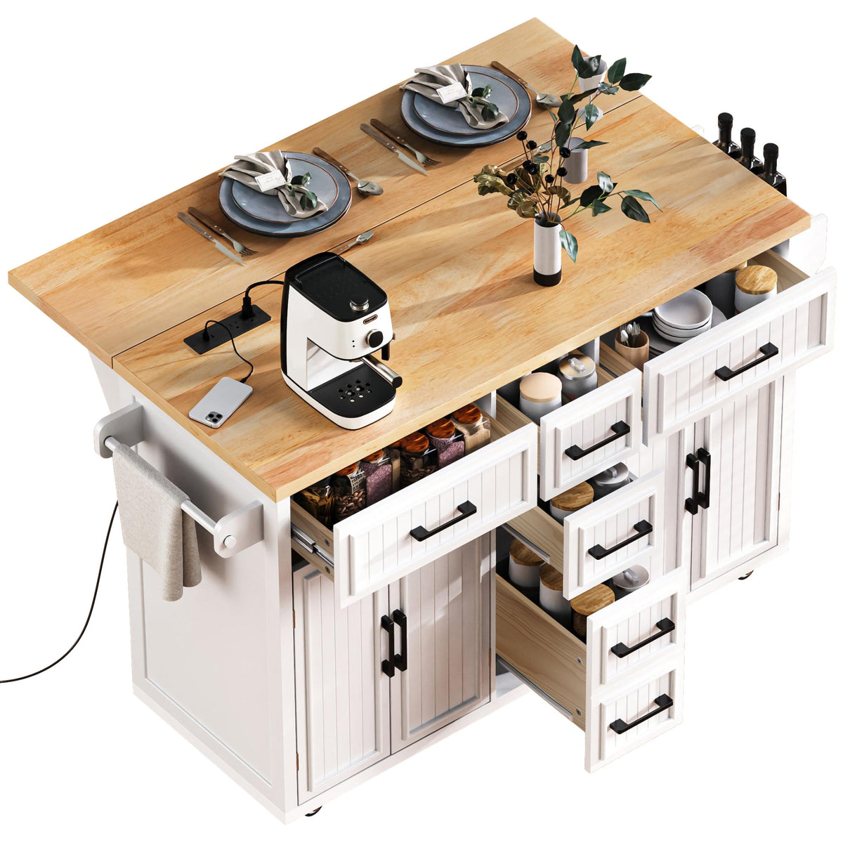 Roomfitters 56.5" Kitchen Island with Drop Leaf, Rolling Kitchen Cart with 5 Storage Drawers, Spice Rack & Towel Holder, White