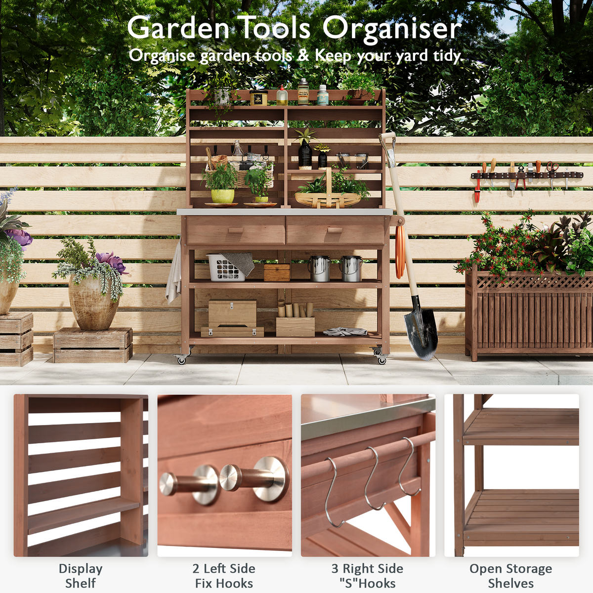 variant-group:rf-n707p228274z|Roomfitters 64.9" Outdoor Potting Bench Table, Rolling Kitchen Island with Hutch, Stainless Steel Top, Storage, Brown