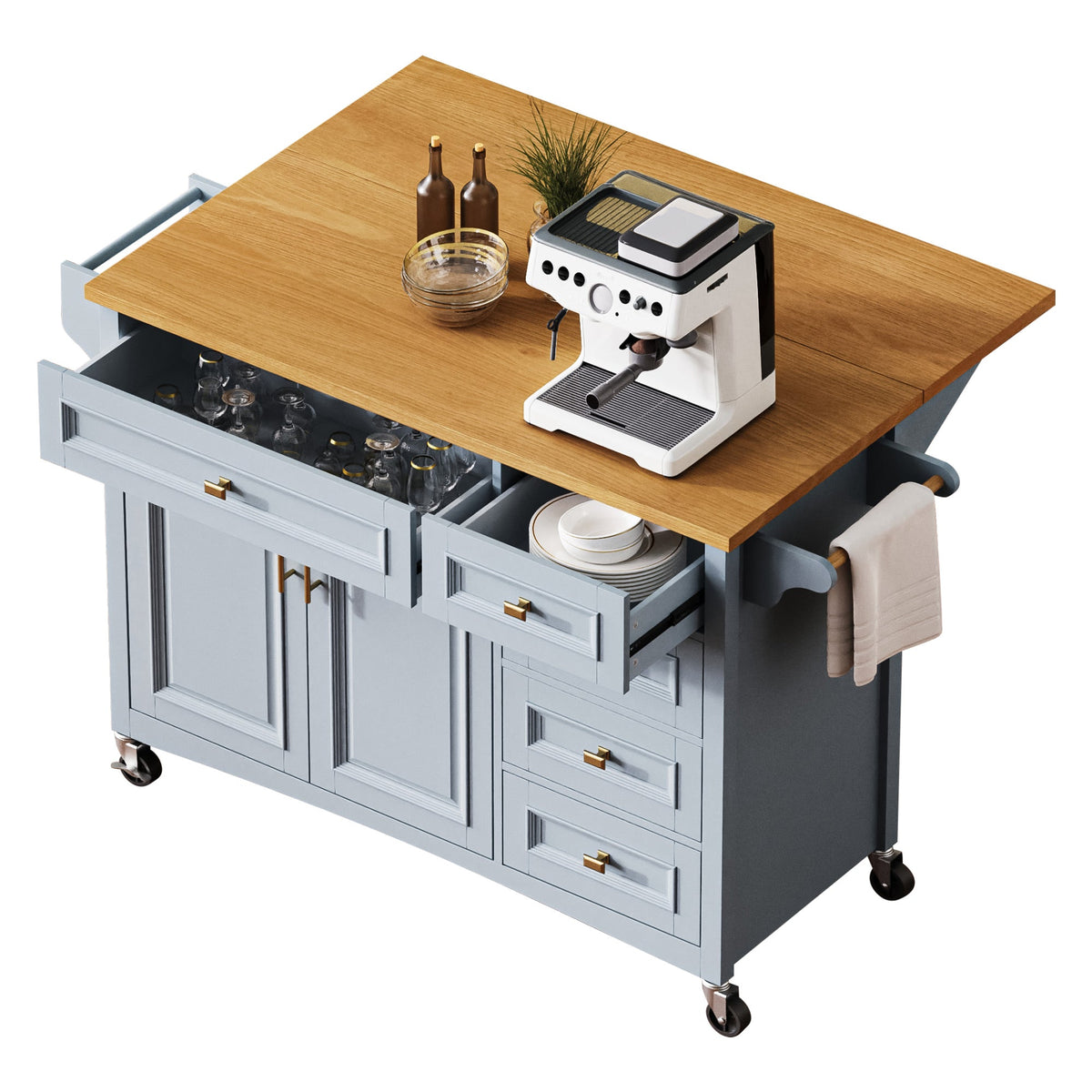Roomfitters 52" Kitchen Island with Wood Top, 5 Storage Drawers and Cabinet, Mobile Cart with Gold Hardware, Blue-Grey