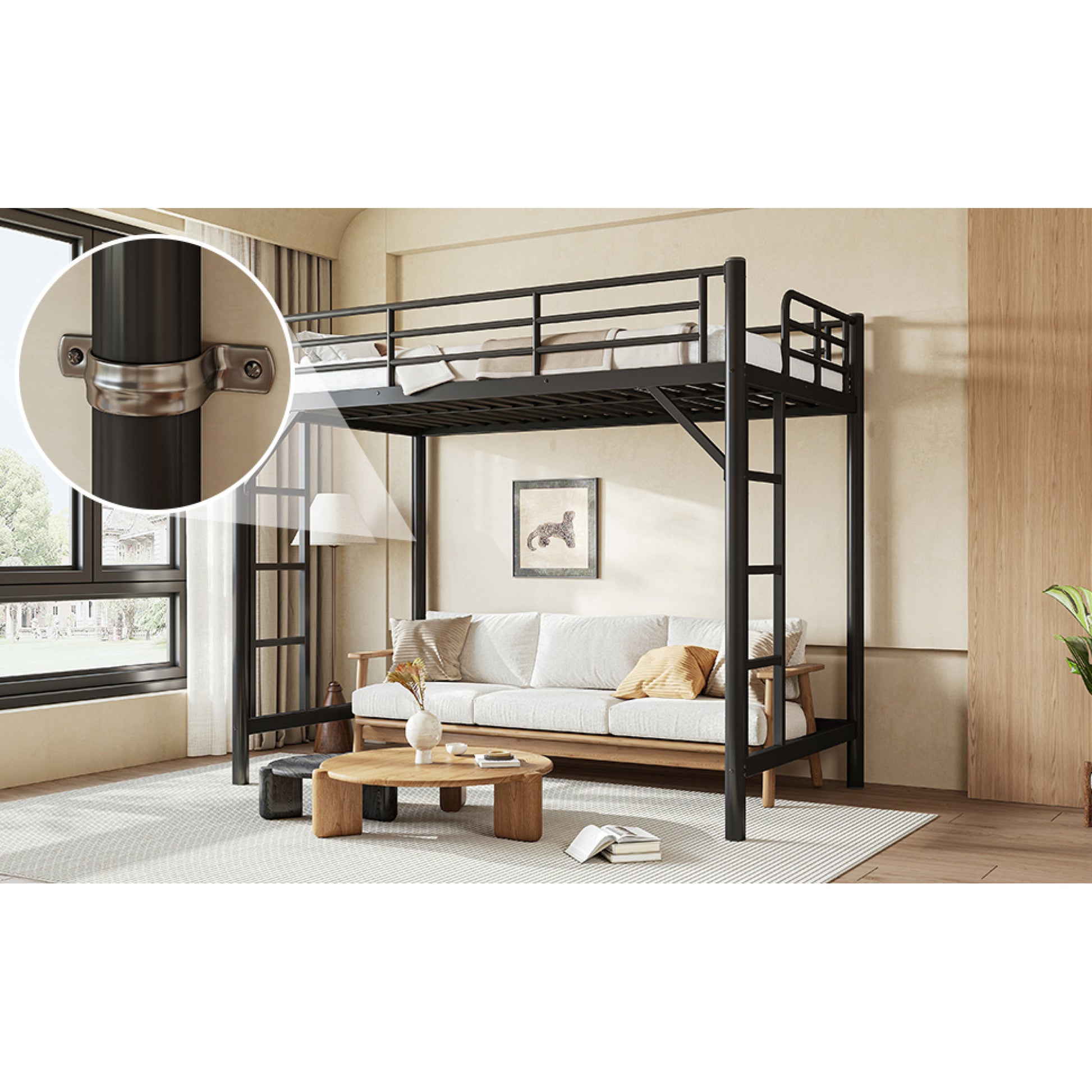 variant-group:rf-w1580p455013|Roomfitters Twin XL Size Metal Loft Bed Frame with Guardrails, Heavy Duty Space Saving High Loft Bed Dual Ladders, Black