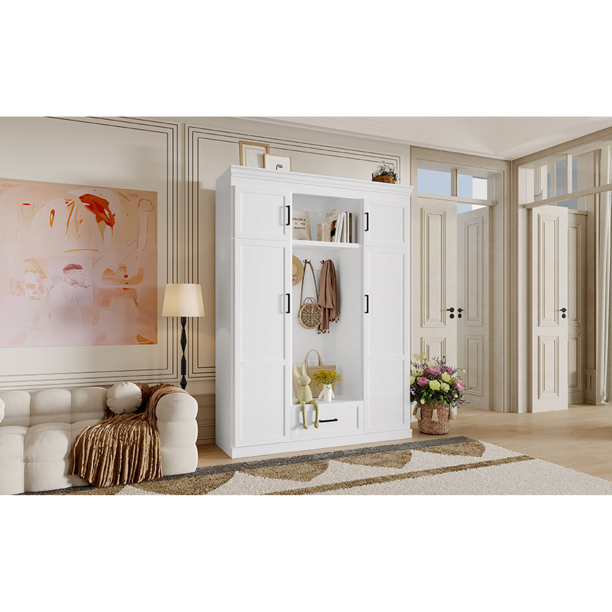 variant-group:rf-n724sj000140aak|Roomfitters 85.2" Hall Tree with Bench, 3 Hooks, 4 Doors, 1 Drawer and Adjustable Storage Shelves, White