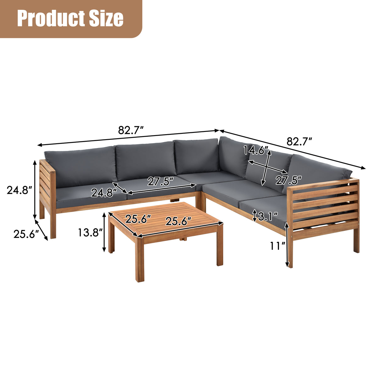 variant-group:rf-n704g201207e|Roomfitters 3-Piece Outdoor Sectional Sofa Set with Coffee Table, Solid Wood Frame L-Shaped Patio Furniture, Gray