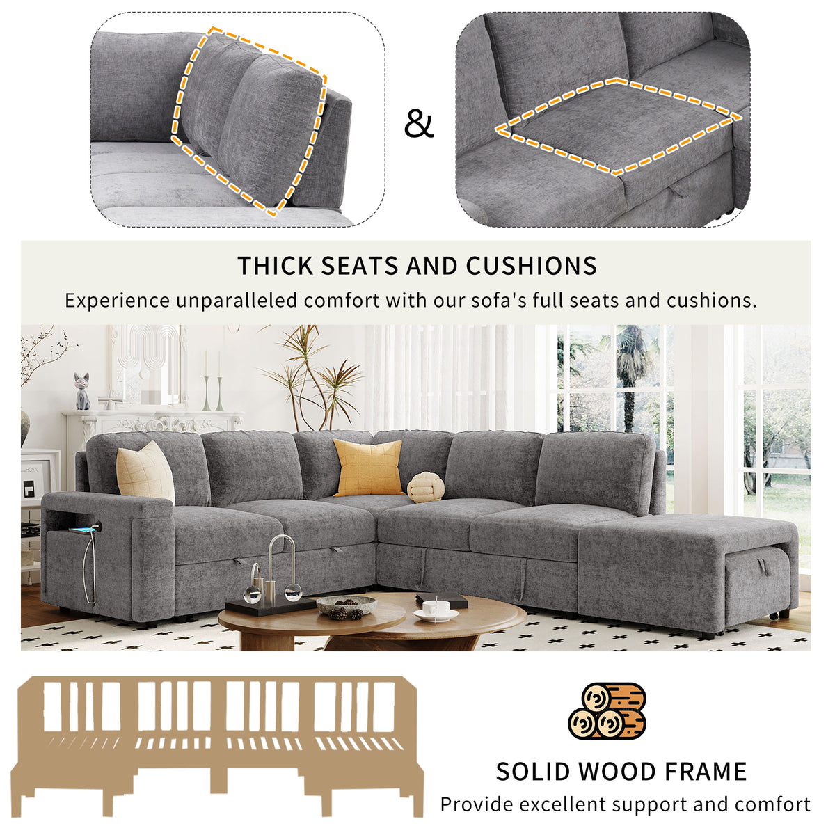 variant-group:rf-n711wy000390aae|Roomfitters L-Shaped Padded Modular Sofa with Storage Space, USB Ports, and Cup Holders on the Armrests, Suitable for Living Rooms, Offices, and Apartments, Gray