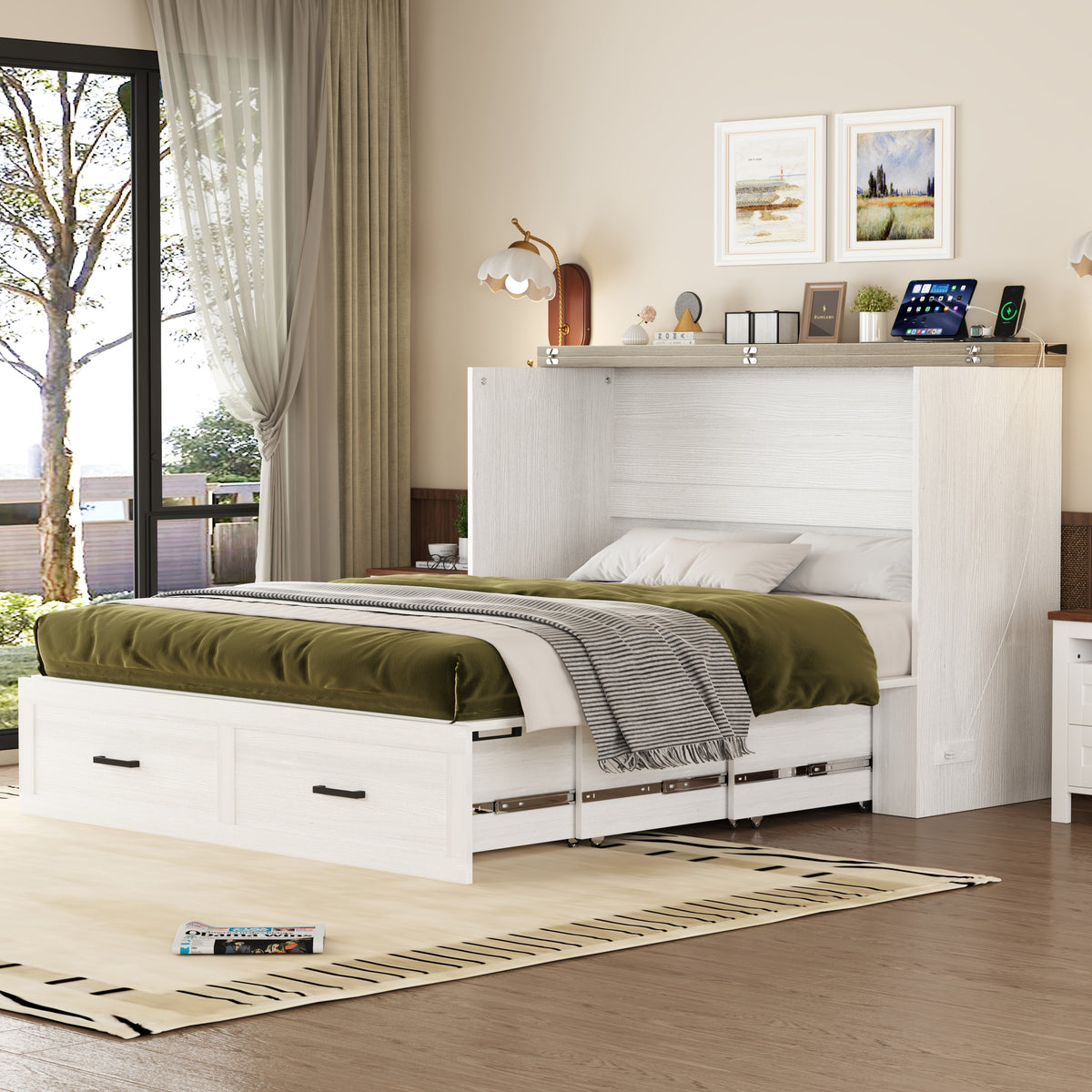variant-group:rf-n733s237837w|Roomfitters Queen Size Farmhouse Murphy Cabinet Bed with Charging Station, Foldable Platform Bed with Large Storage for Guest Room, Small Bedroom, White