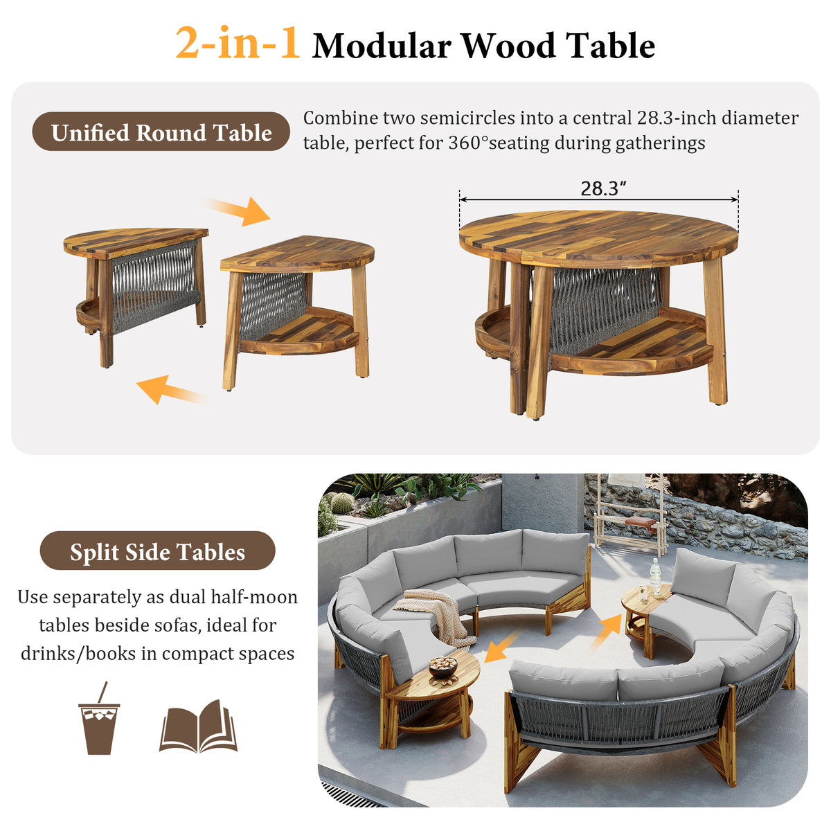 variant-group:rf-n711wy000468aae|Roomfitters 3-Piece Outdoor Sofa Set for 6, Half-Moon Patio Conversation Set, Grey Cushions, Rope Woven Steel Sectional