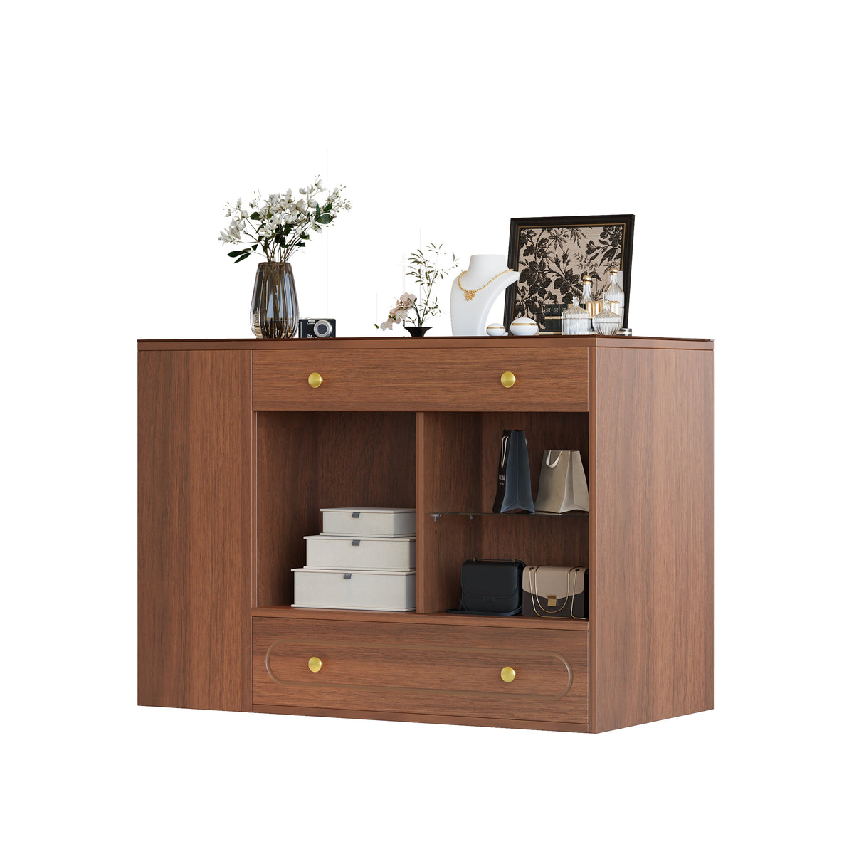 Roomfitters Closet Island with 6 Drawers, Glass Display Top and Open Shelves, Wardrobe Storage and Jewelry Vanity, Walnut