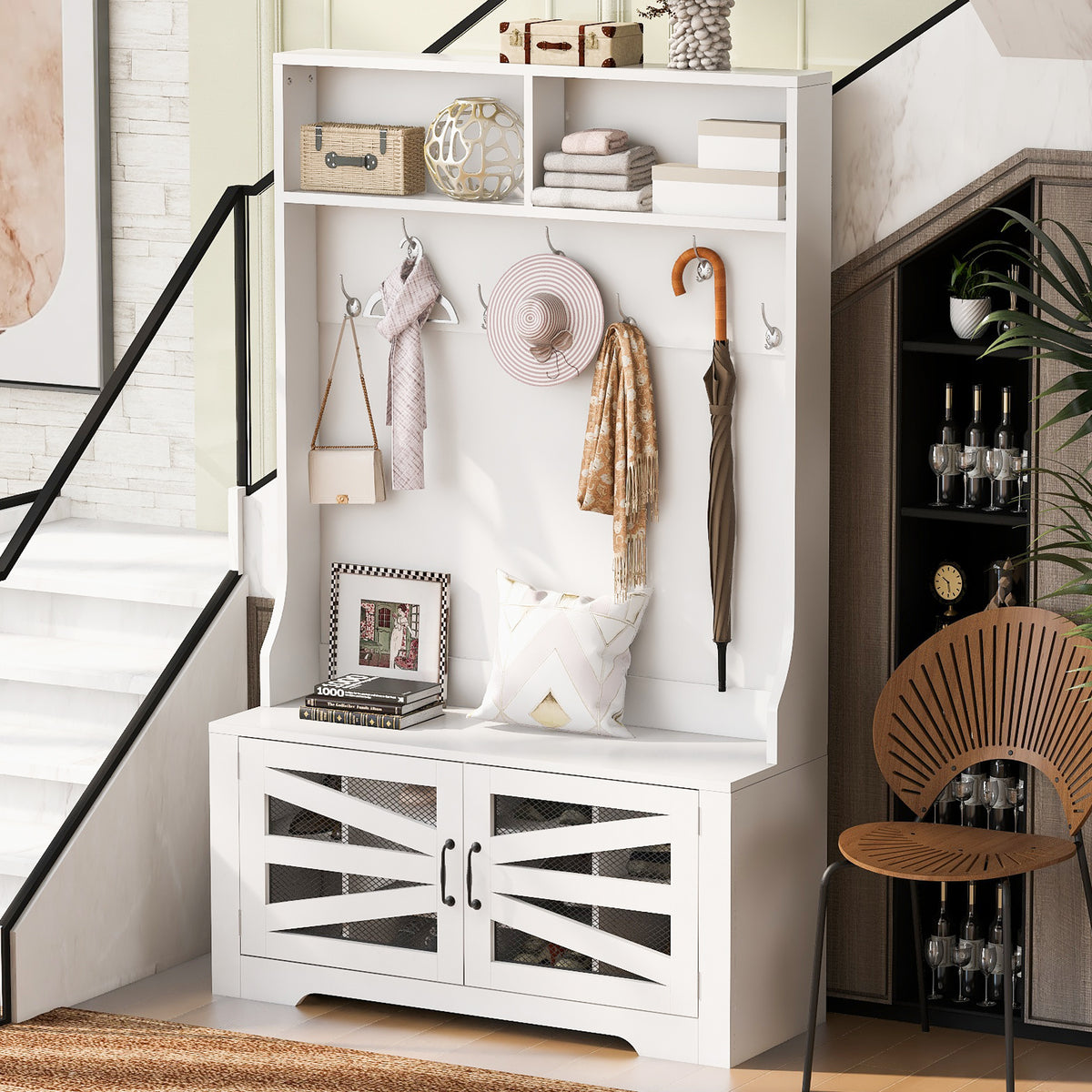variant-group:rf-n724p264668k|Roomfitters 3-in-1 Entryway Bench with Coat Rack, Adjustable Shelves and 7 Hooks, 43.3" Hall Tree for Entrance or Living Room, White