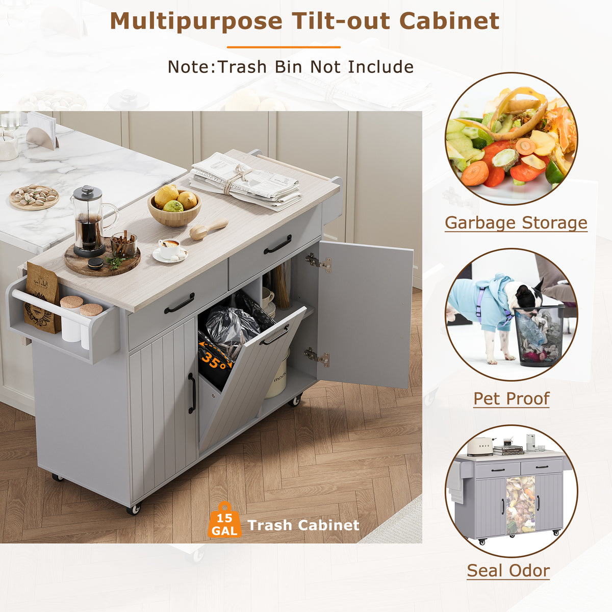 variant-group:rf-n707wf326381aag|Roomfitters Kitchen Island with Trash Can Storage Cabinet, Grey - Drop Leaf, Spice Rack, Towel Rack, Drawer, Adjustable Shelf, Rolling Island on Wheels, Grey