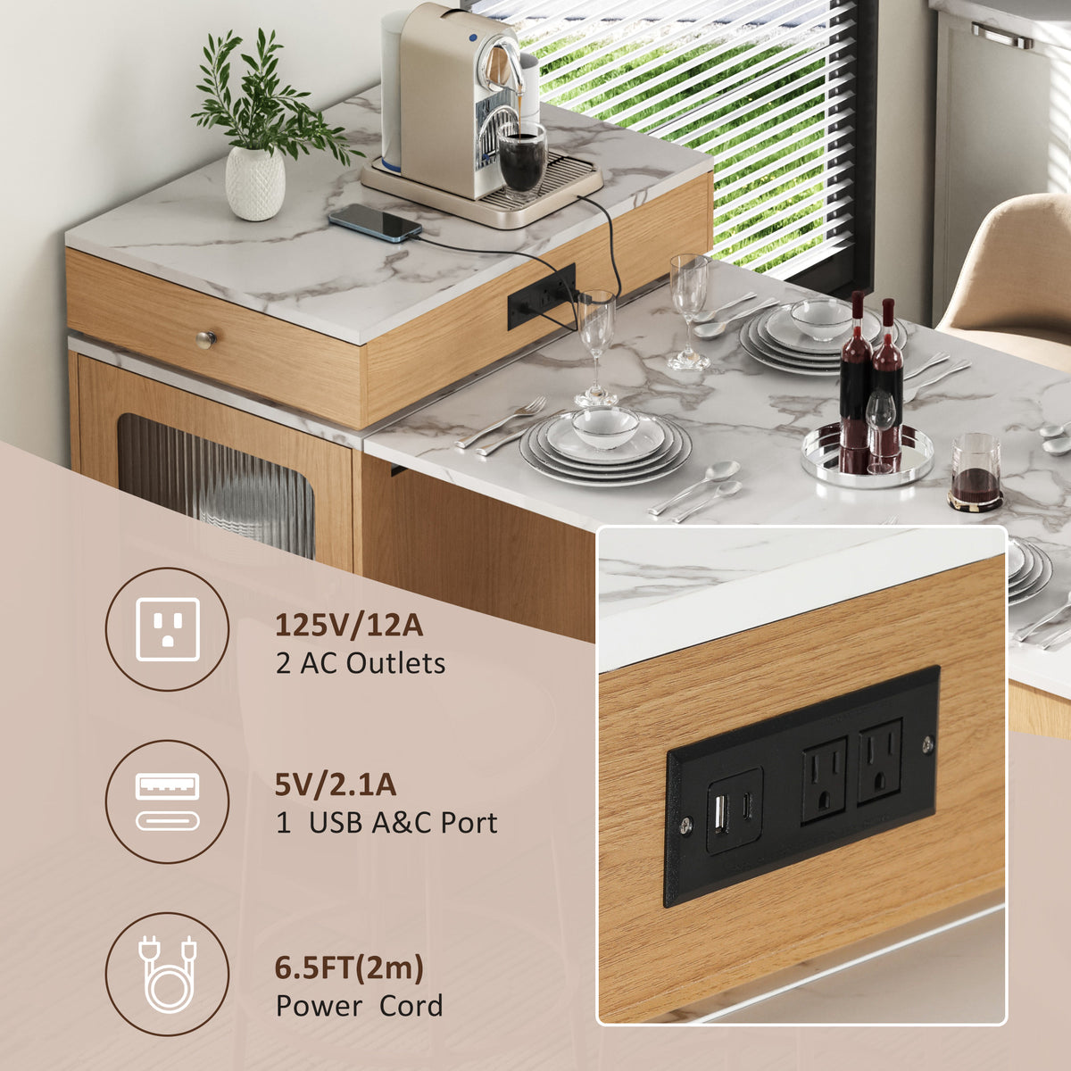 variant-group:rf-n707s000017y|Roomfitters 59.5" Kitchen Island with 41.8" Extendable Dining Table, Double-Sided Storage, Power Outlet, 2 Drawers, Natural