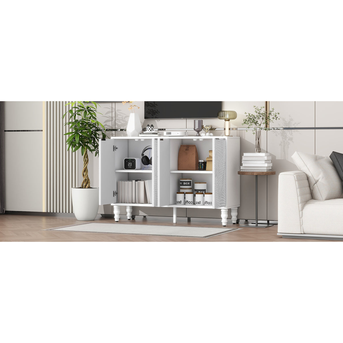 variant-group:rf-n724p233372k|Roomfitters Modern TV Stand for up to 43 Inch TV, Entertainment Console with Storage Compartments and Wood Legs, White