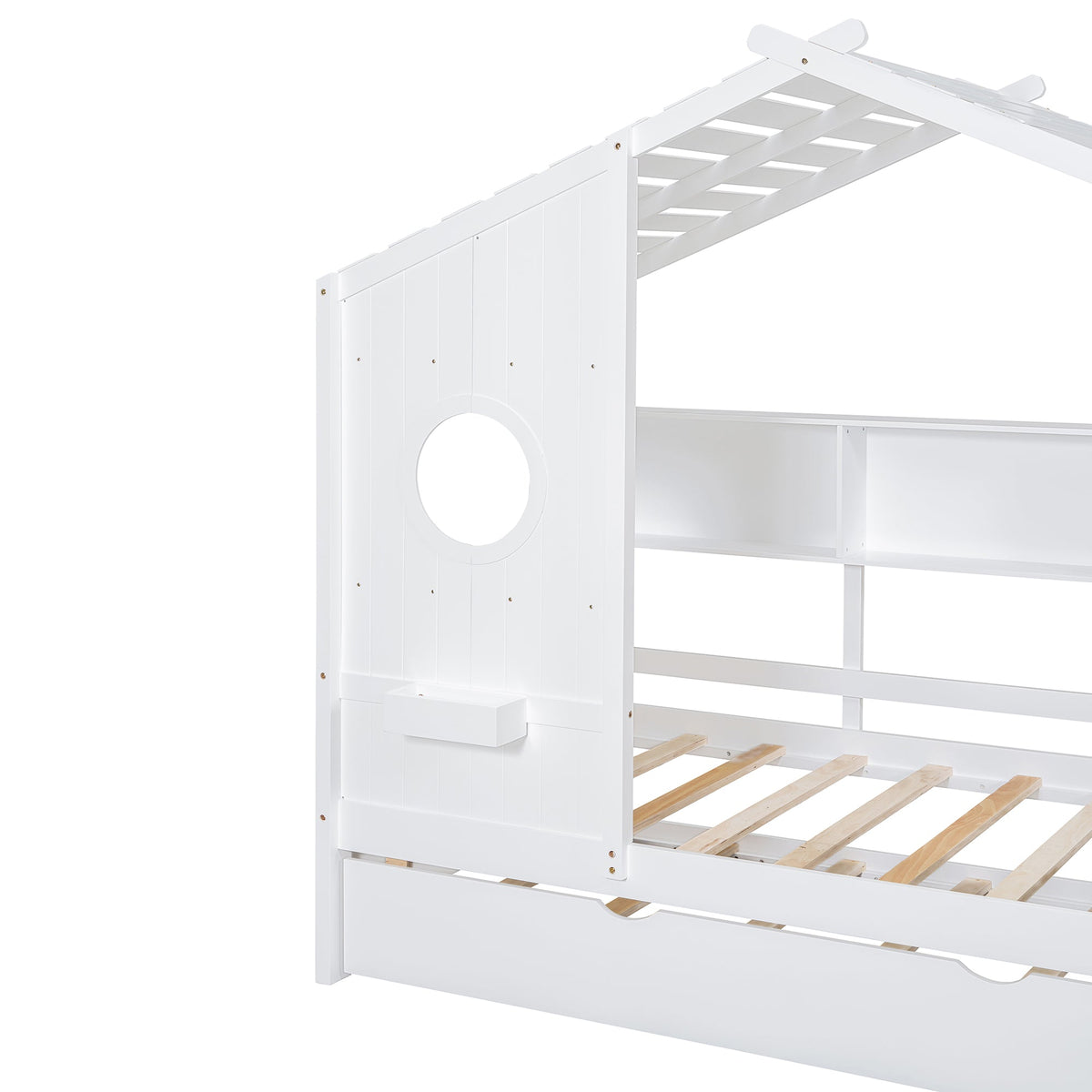 Roomfitters Wooden Twin Size House Bed with Trundle and Storage Shelf, White