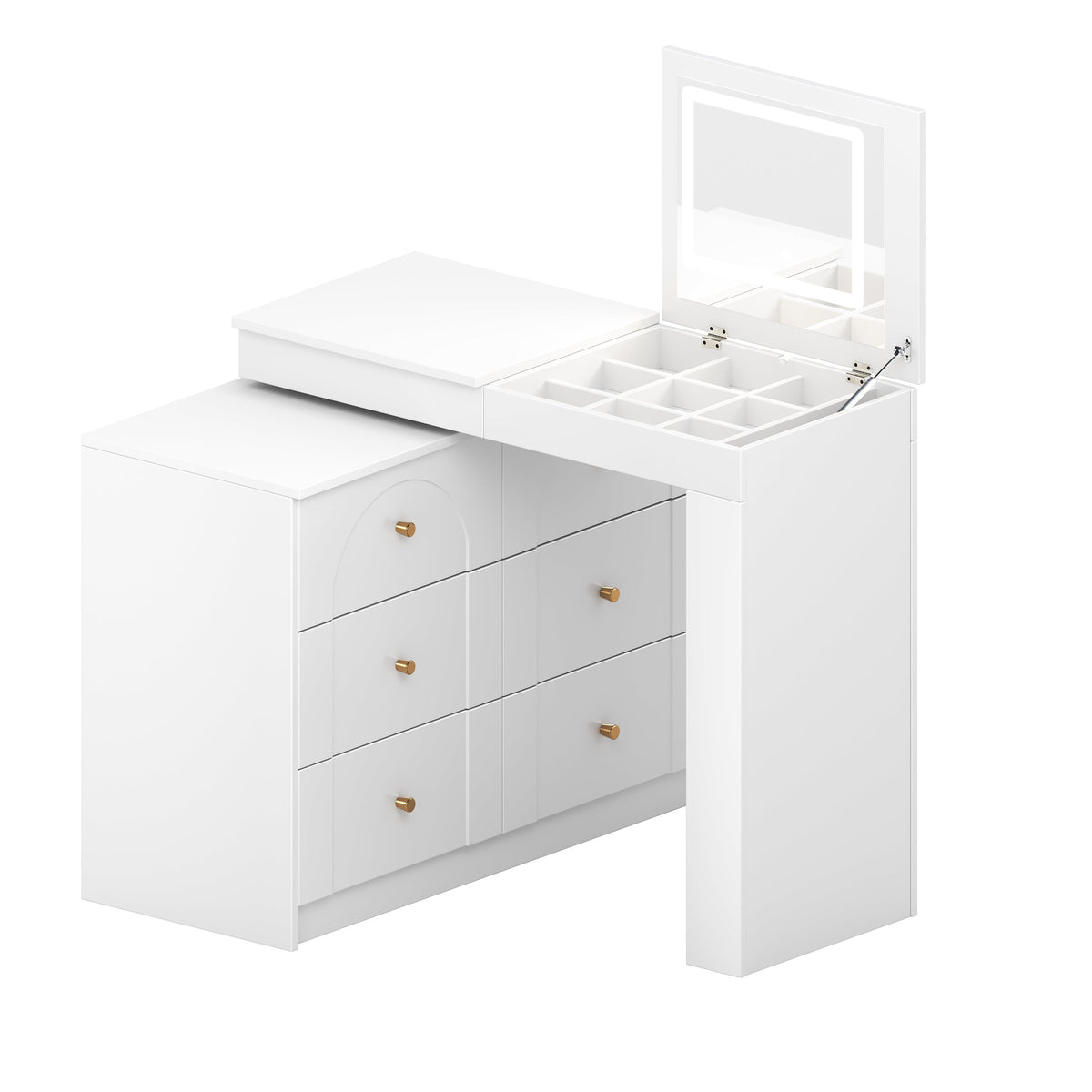 Roomfitters Vanity Desk with Mirror & Lights, Flip-Top Makeup Table with 7 Drawers, 9 Compartments, 3 Shelves, White